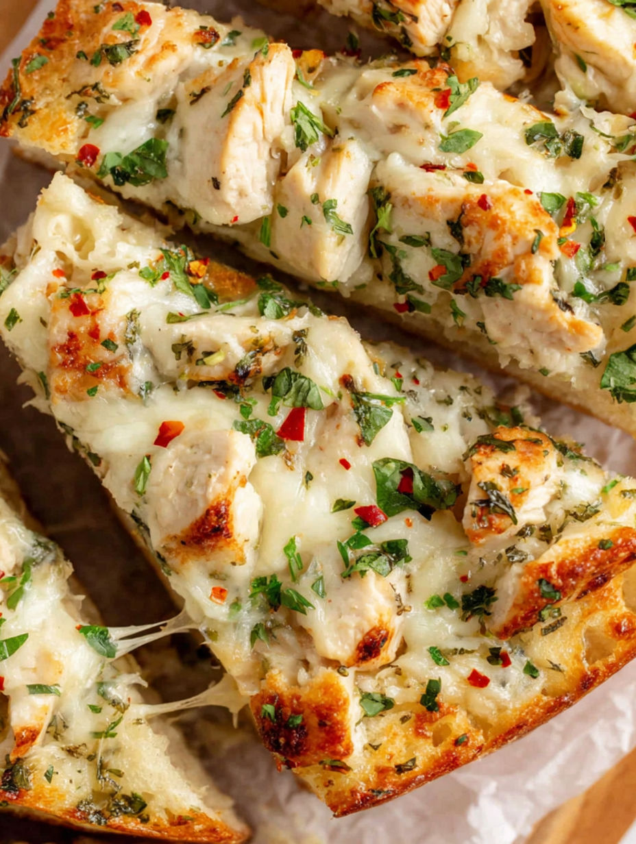 A slice of chicken Alfredo knoblauchbrot.