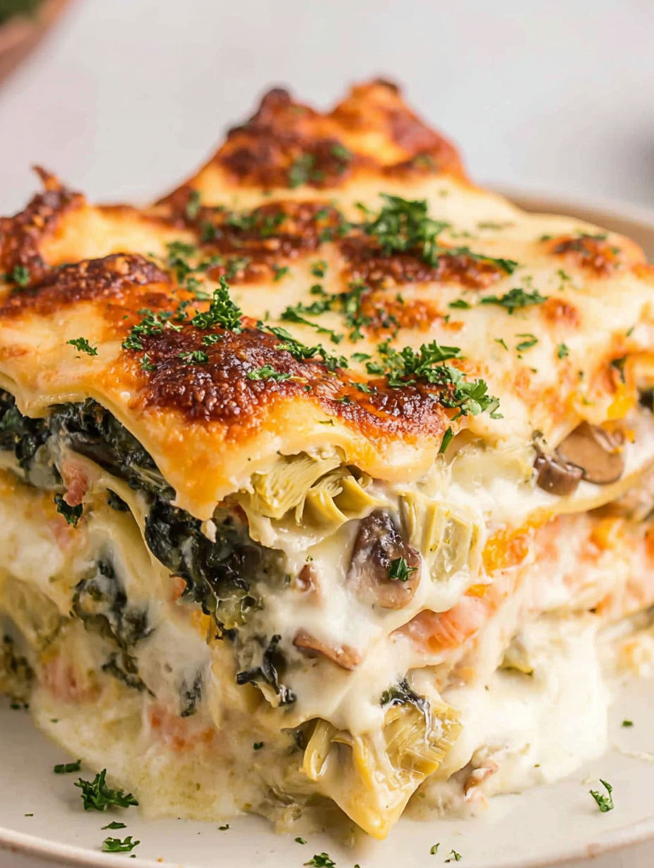 A close up of a delicious looking lasagna with a white sauce.