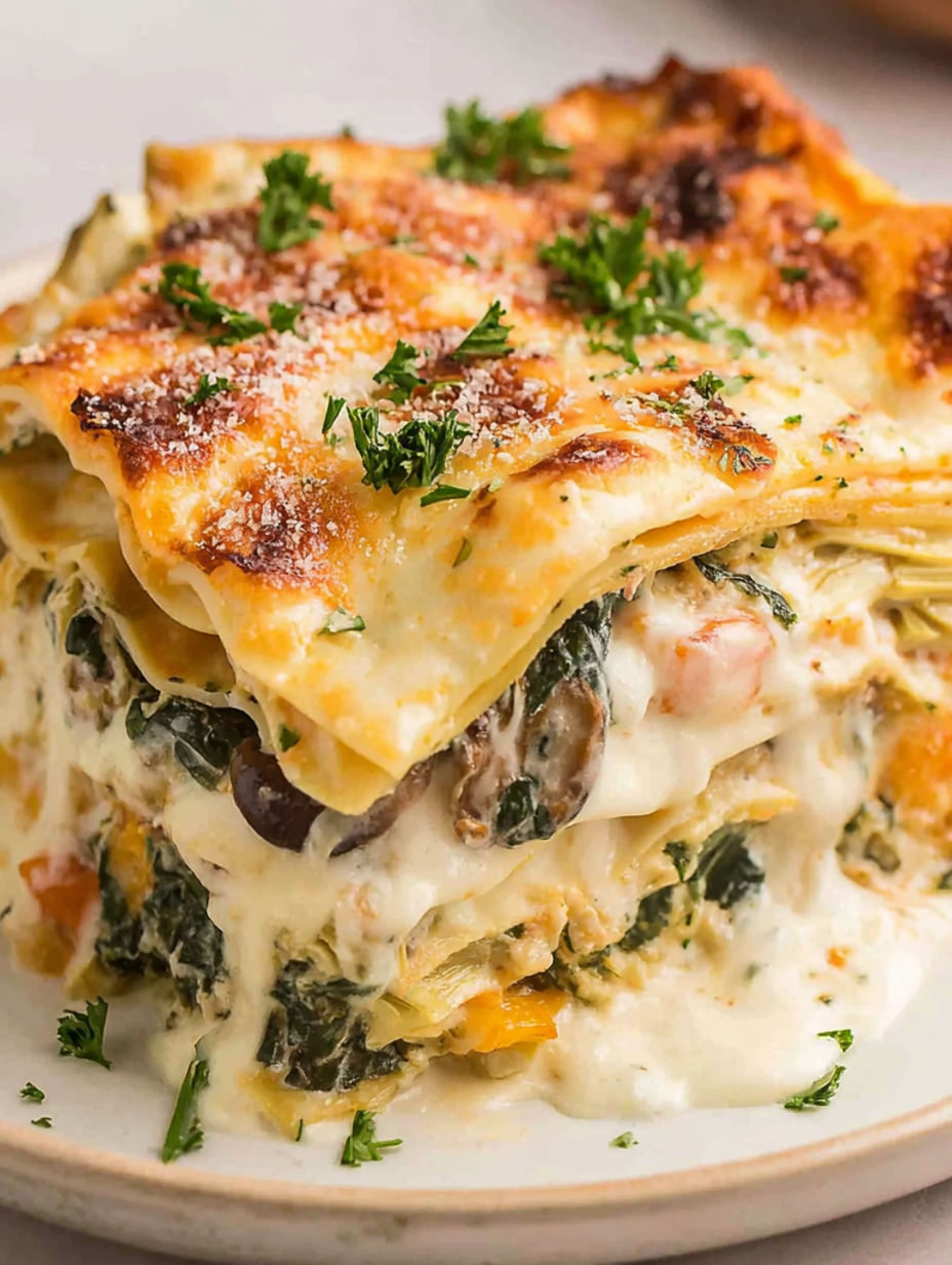 A close up of a lasagna with a white sauce.