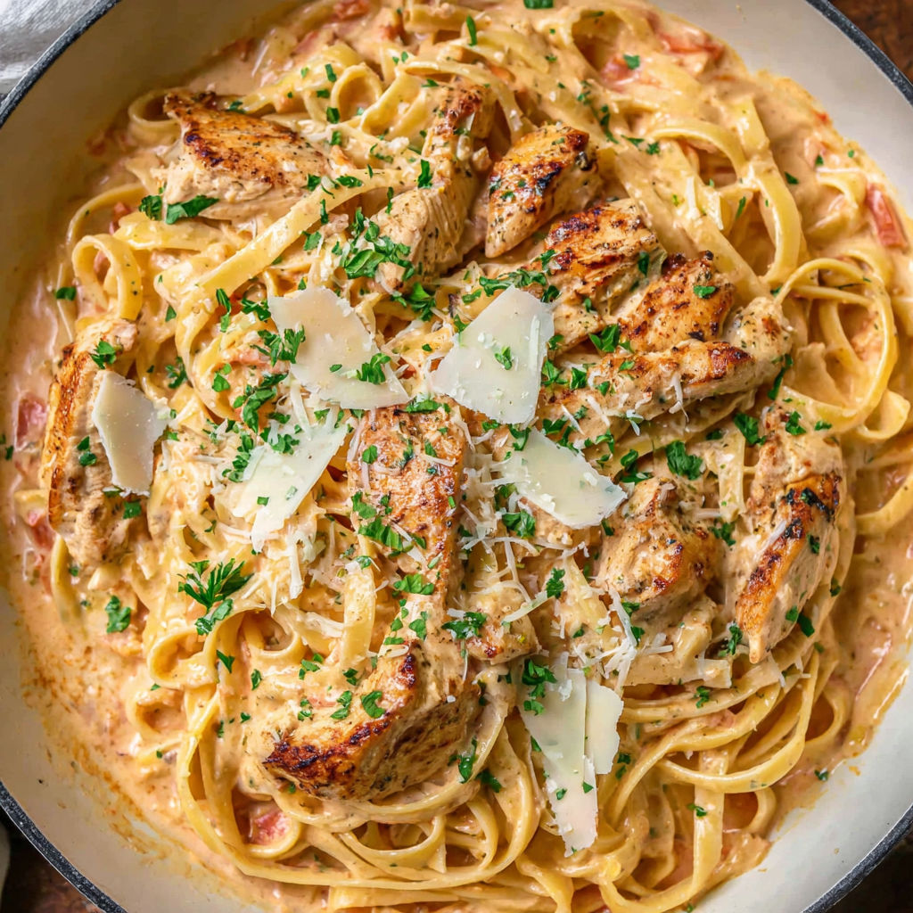 A bowl of creamy cajun chicken and pasta.