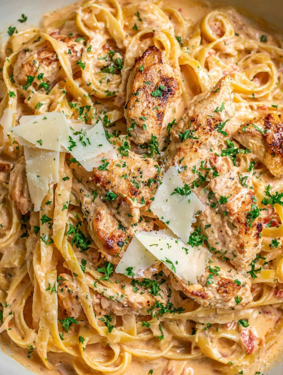 A delicious cream sauce with chicken and pasta.