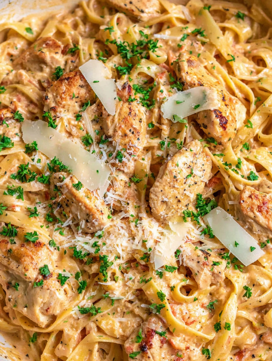 A plate of chicken and pasta.