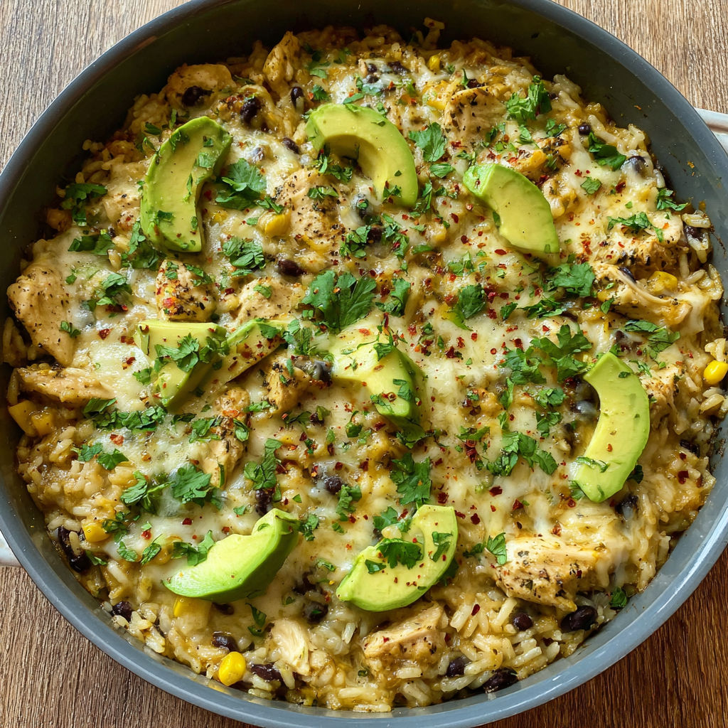 A bowl of salsa verde chicken rice pan.