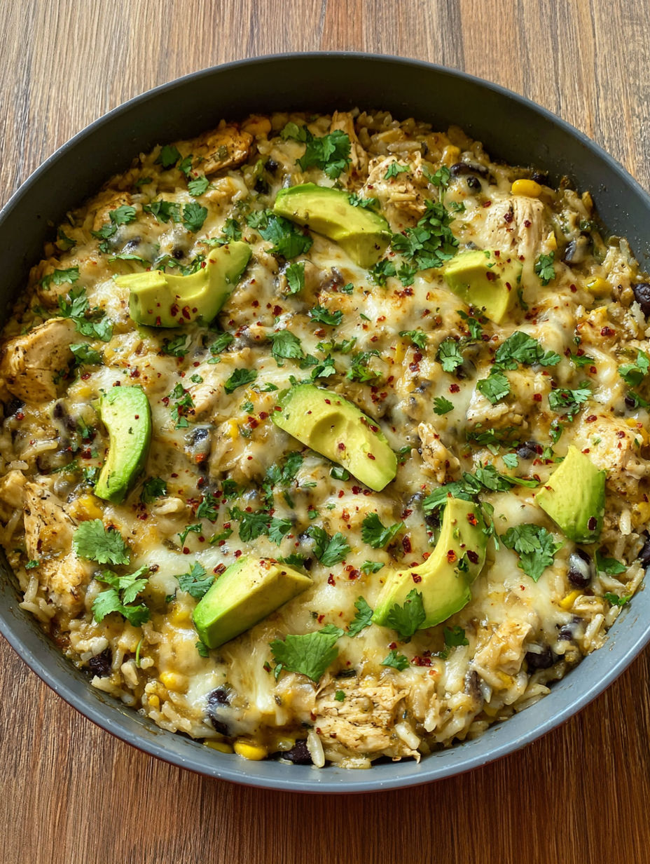 A bowl of salsa verde chicken rice pan.