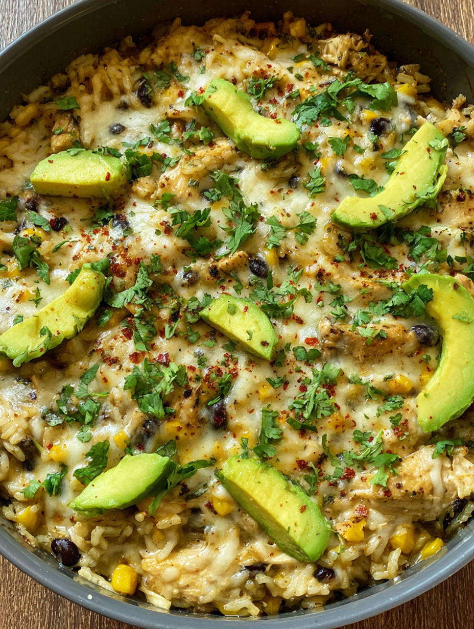 A dish of salsa verde chicken and rice.