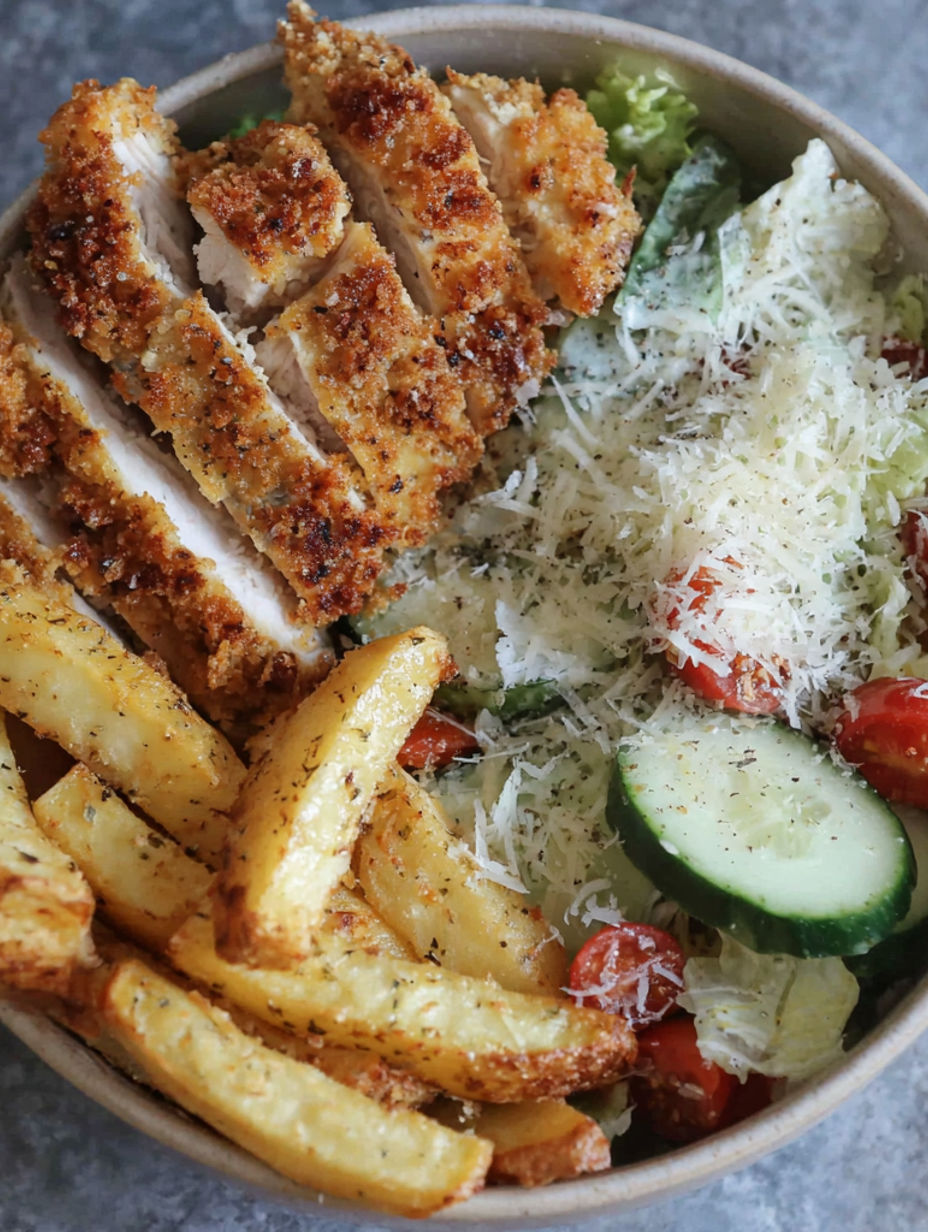 A bowl of food with chicken, fries, and salad.