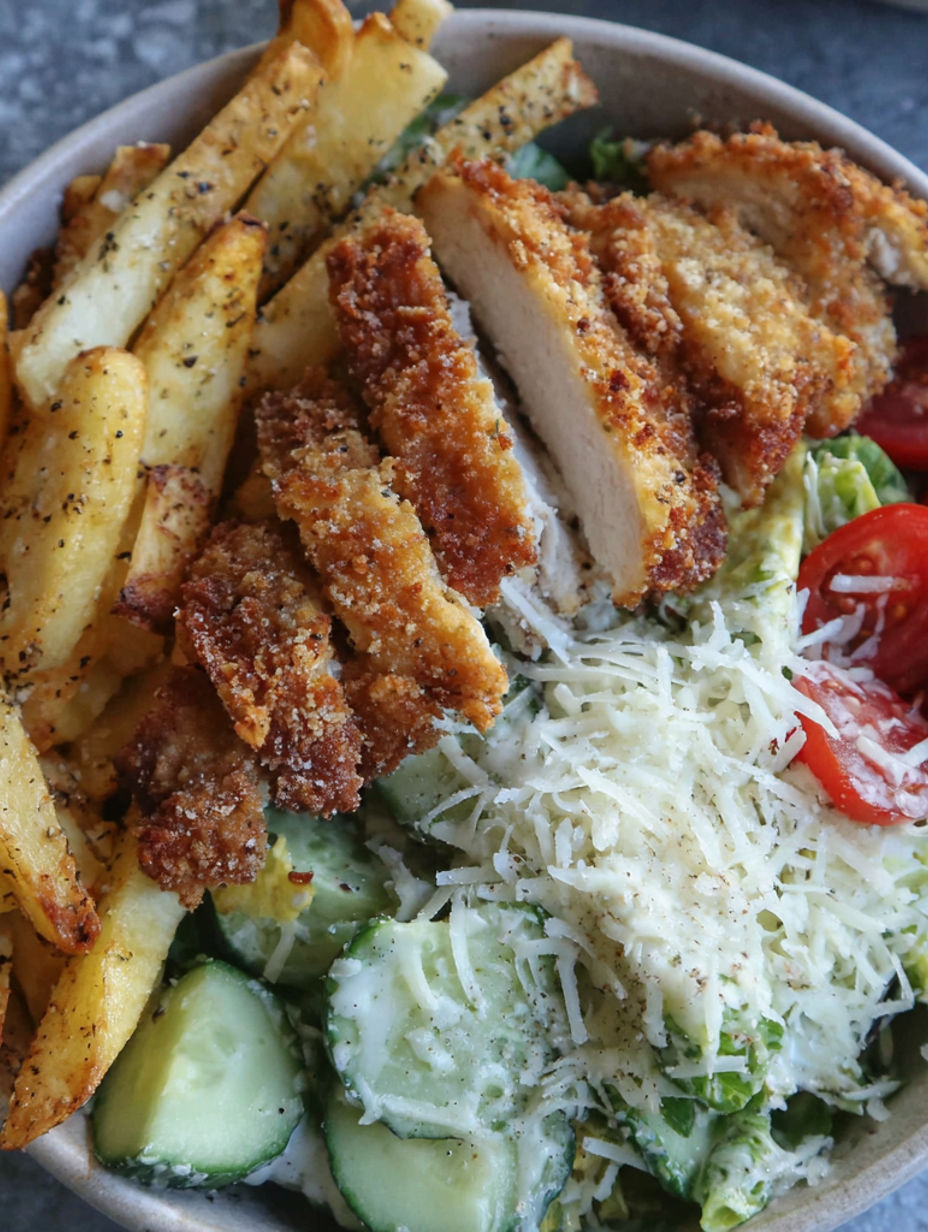 A bowl of food with chicken, fries, and salad.