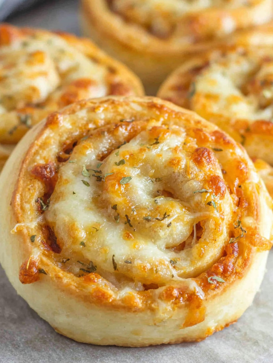 A close up of a cheese and herb filled pastry.