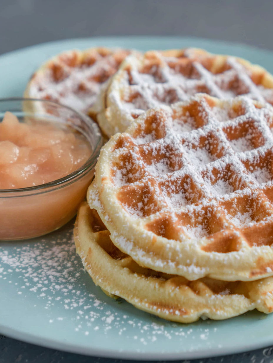 A plate with waffles and apple sauce.