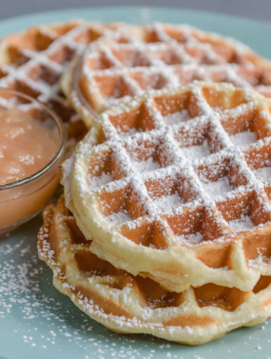 A plate of waffles with powdered sugar and a glass of apple sauce.