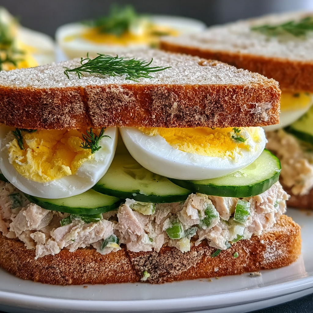 A sandwich with eggs and cucumbers on top.