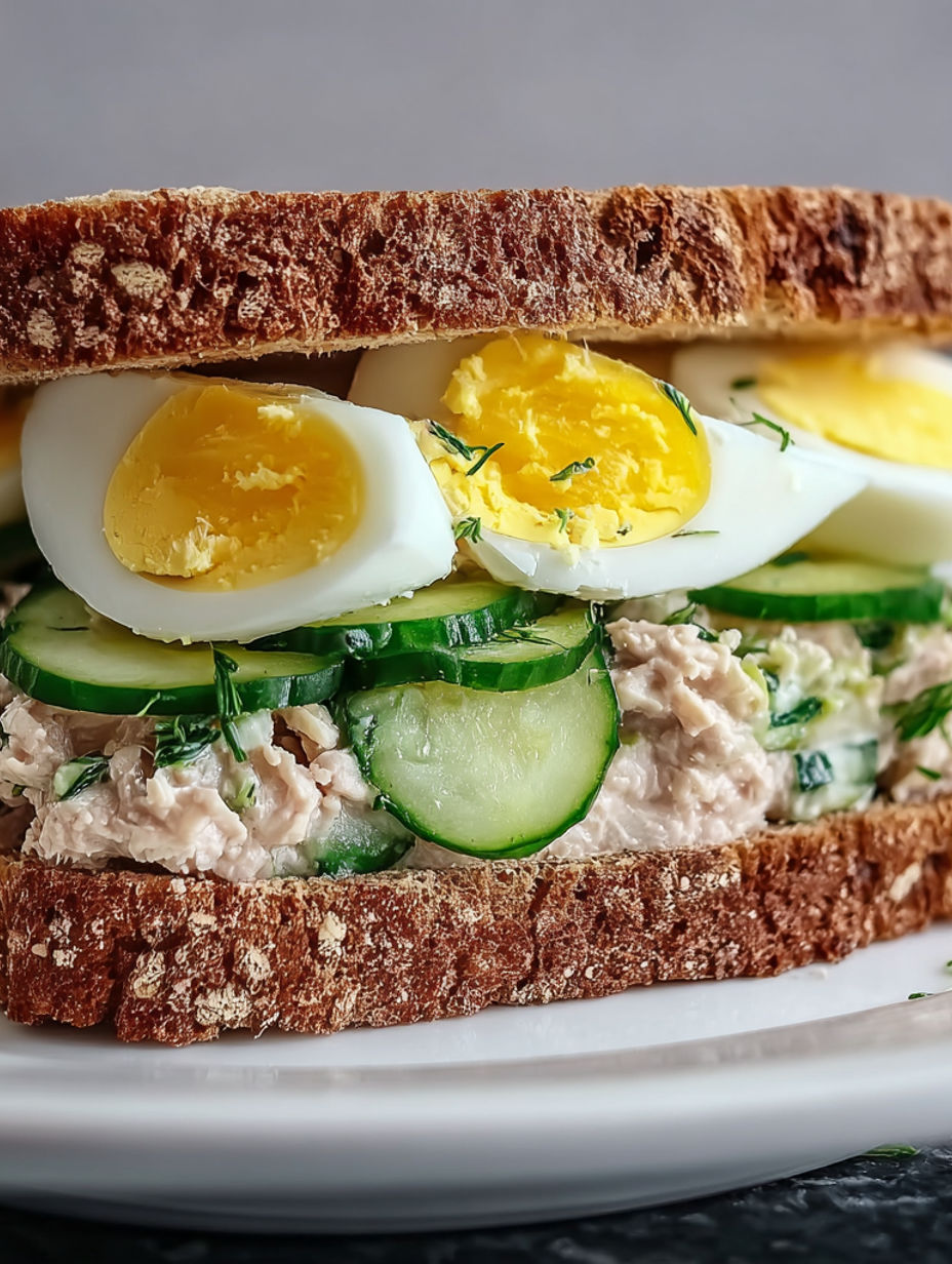 A sandwich with eggs and cucumbers.
