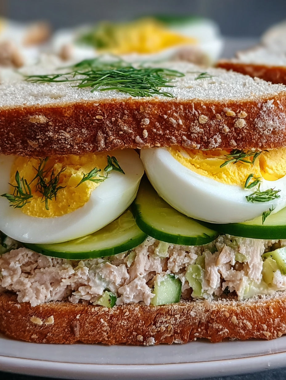 A sandwich with eggs and cucumbers.