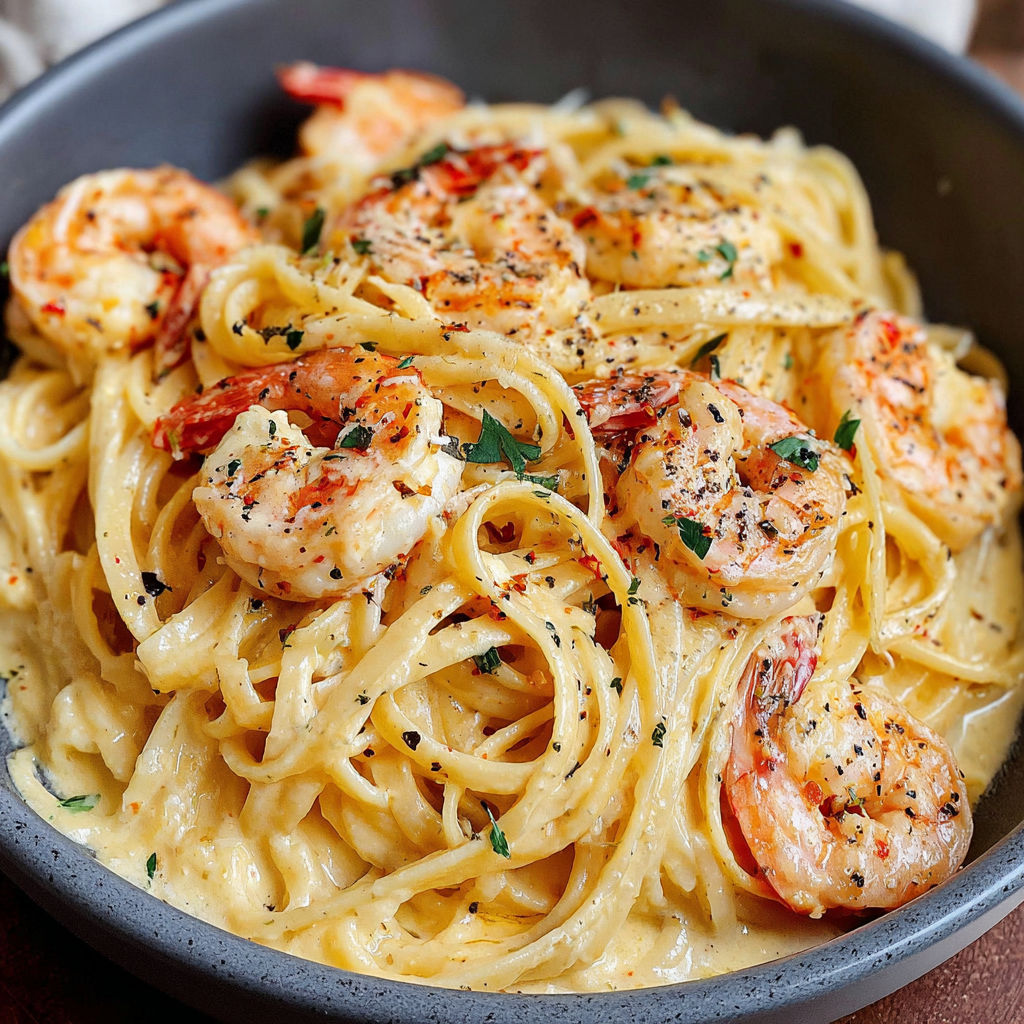 A bowl of spaghetti with shrimp and cheese.