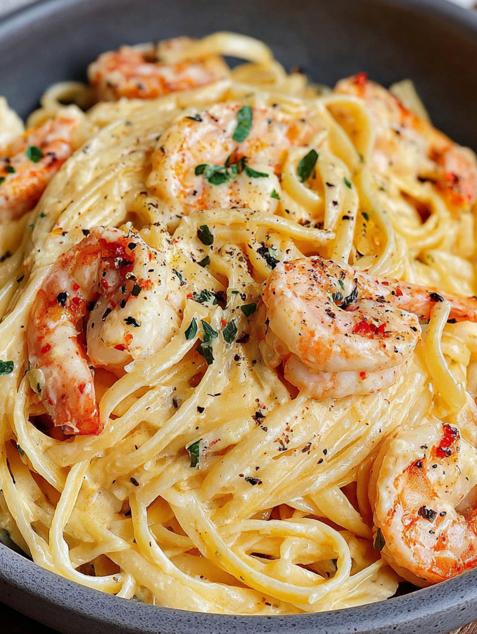 A bowl of spaghetti with shrimp and cheese.