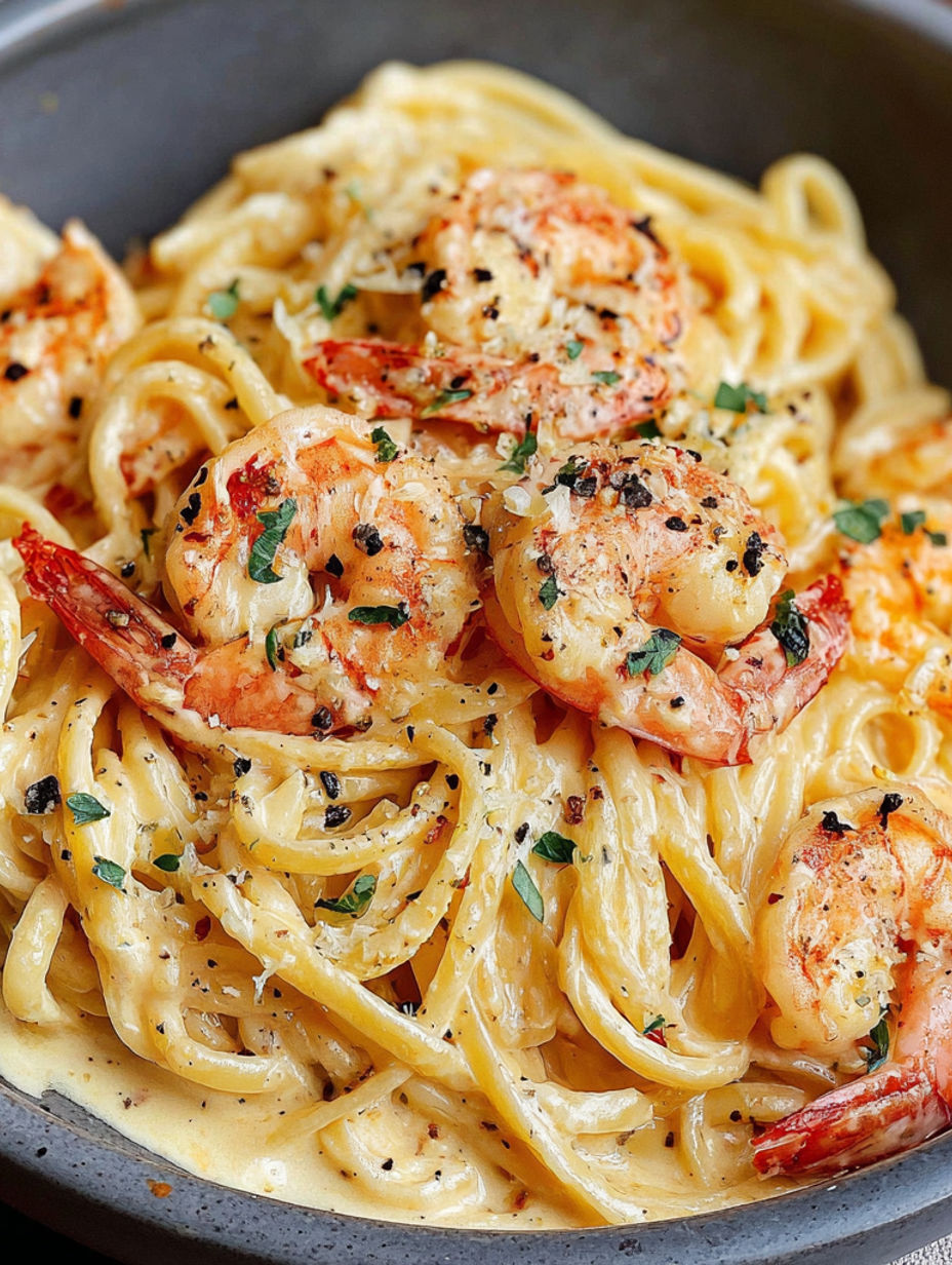 A bowl of spaghetti with shrimp and garlic.