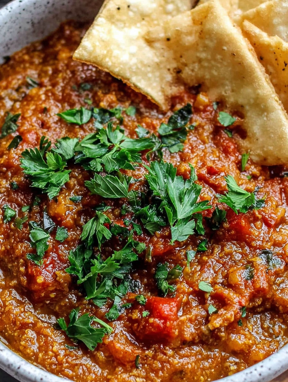A bowl of Zaalouk, a Moroccan dip made from tomatoes and eggplant.