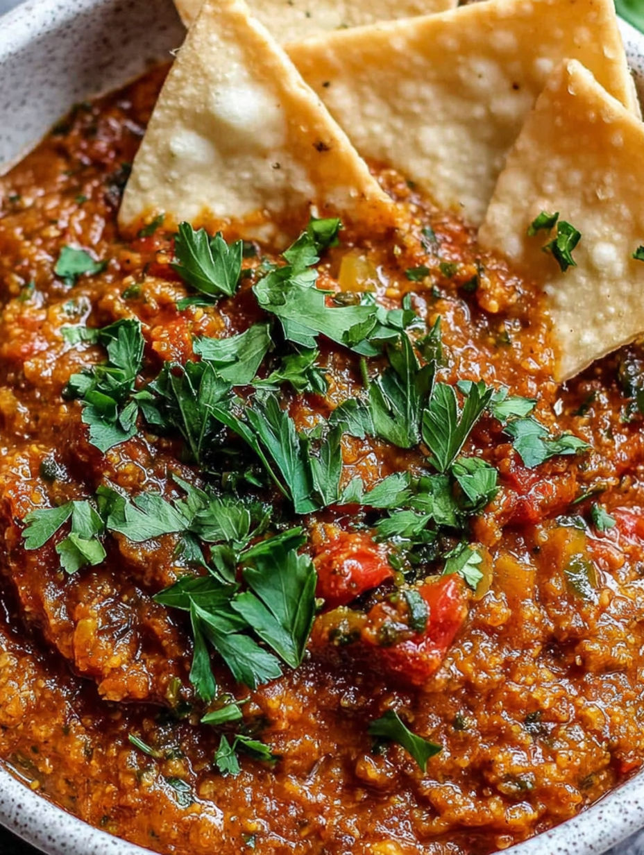 A dish of Zaalouk, a Moroccan dip made from tomatoes and eggplant.