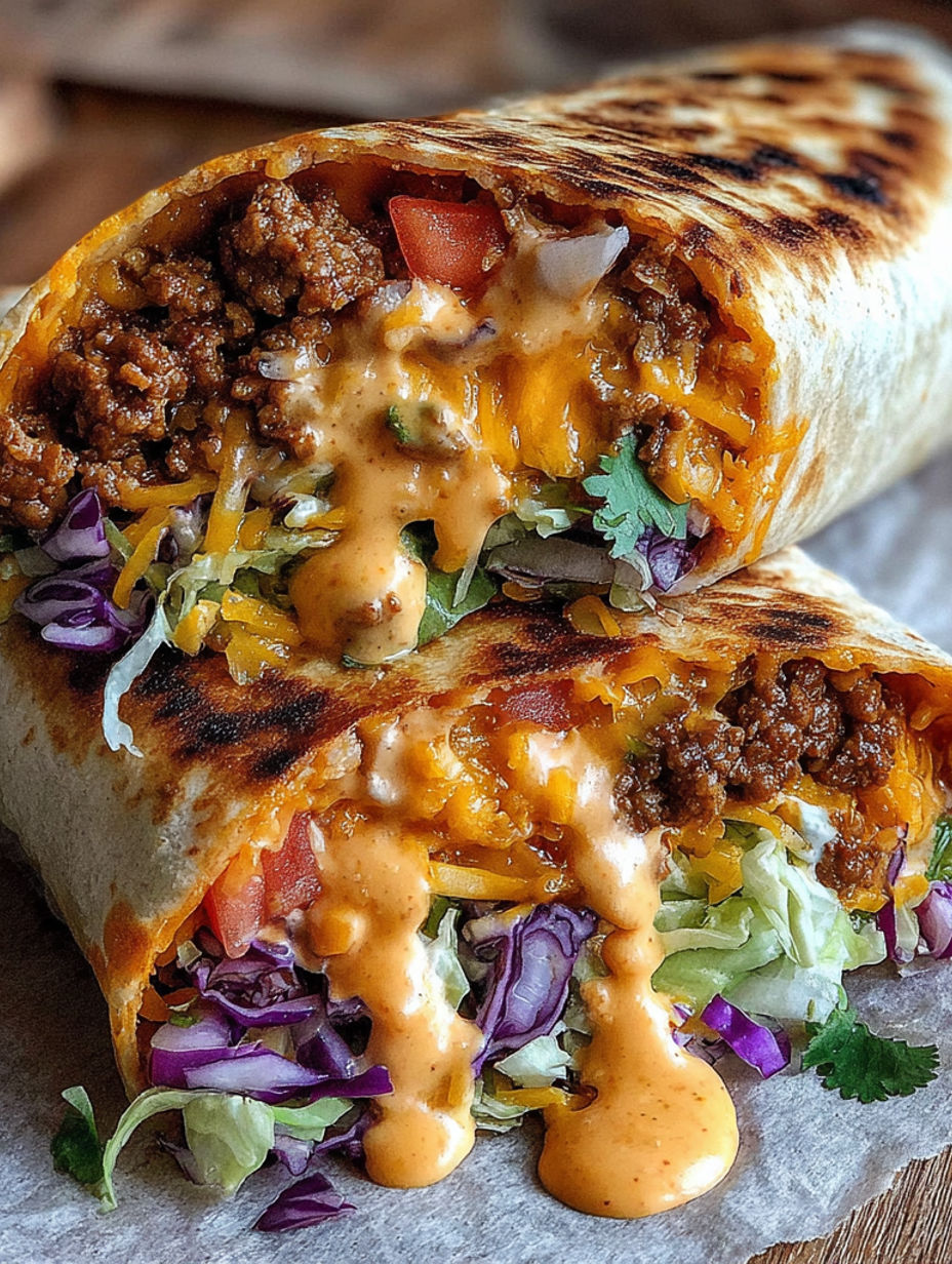 A burrito with a tomato and cheese sauce.