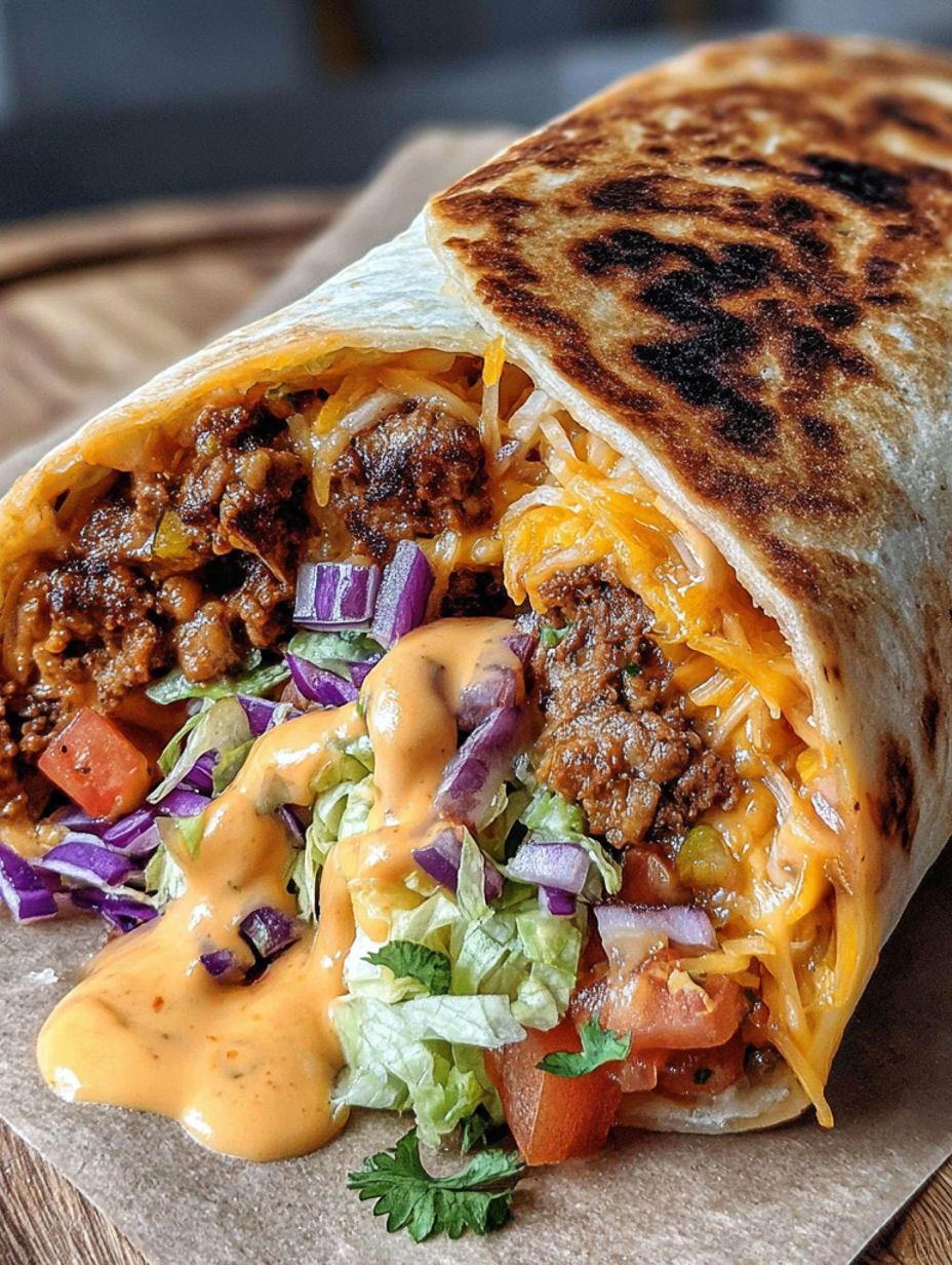 A burrito with a tomato and cheese topping.