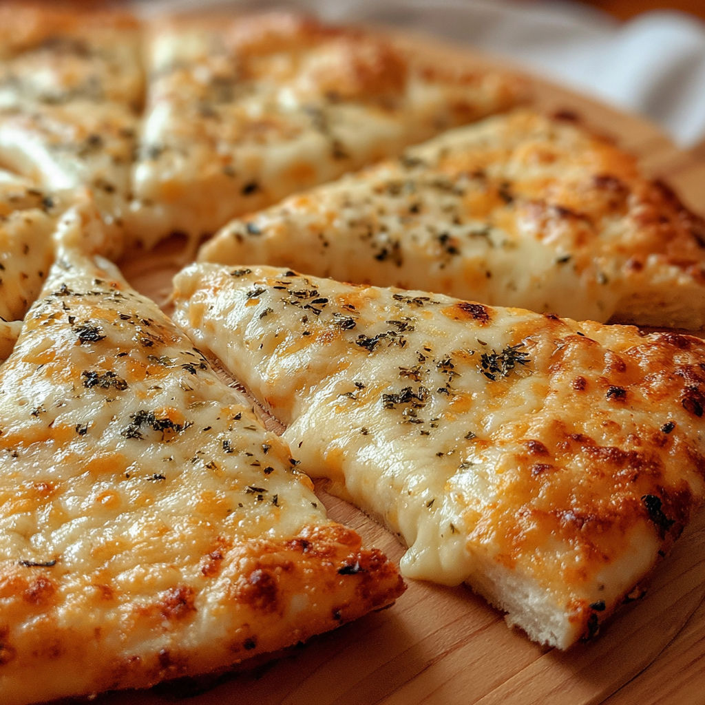 A pizza with cheese and herbs on a wooden board.