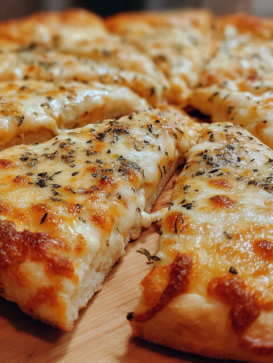 A pizza with cheese and herbs on a wooden table.
