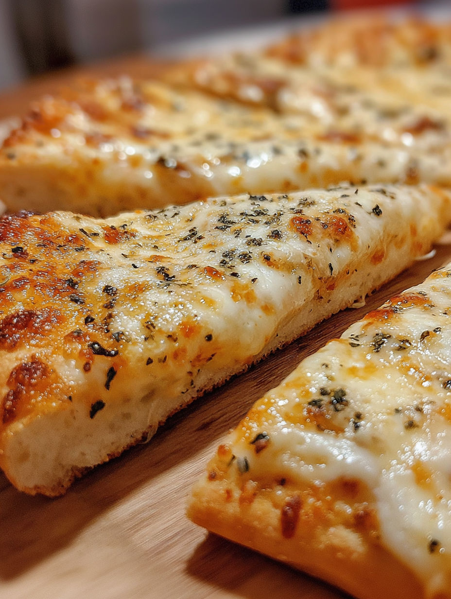A slice of pizza with cheese and herbs on a wooden table.