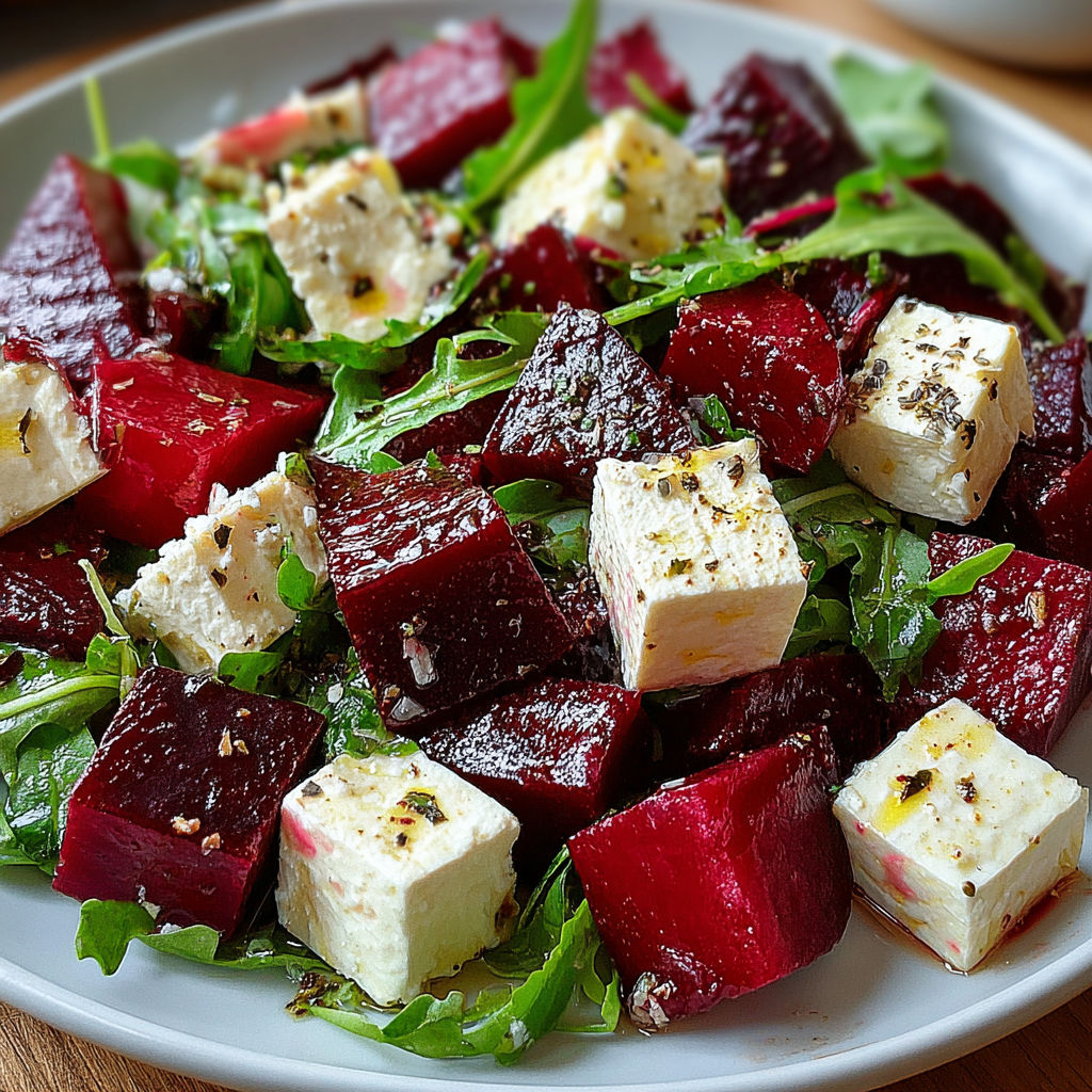 A plate of food with red beets and cheese.