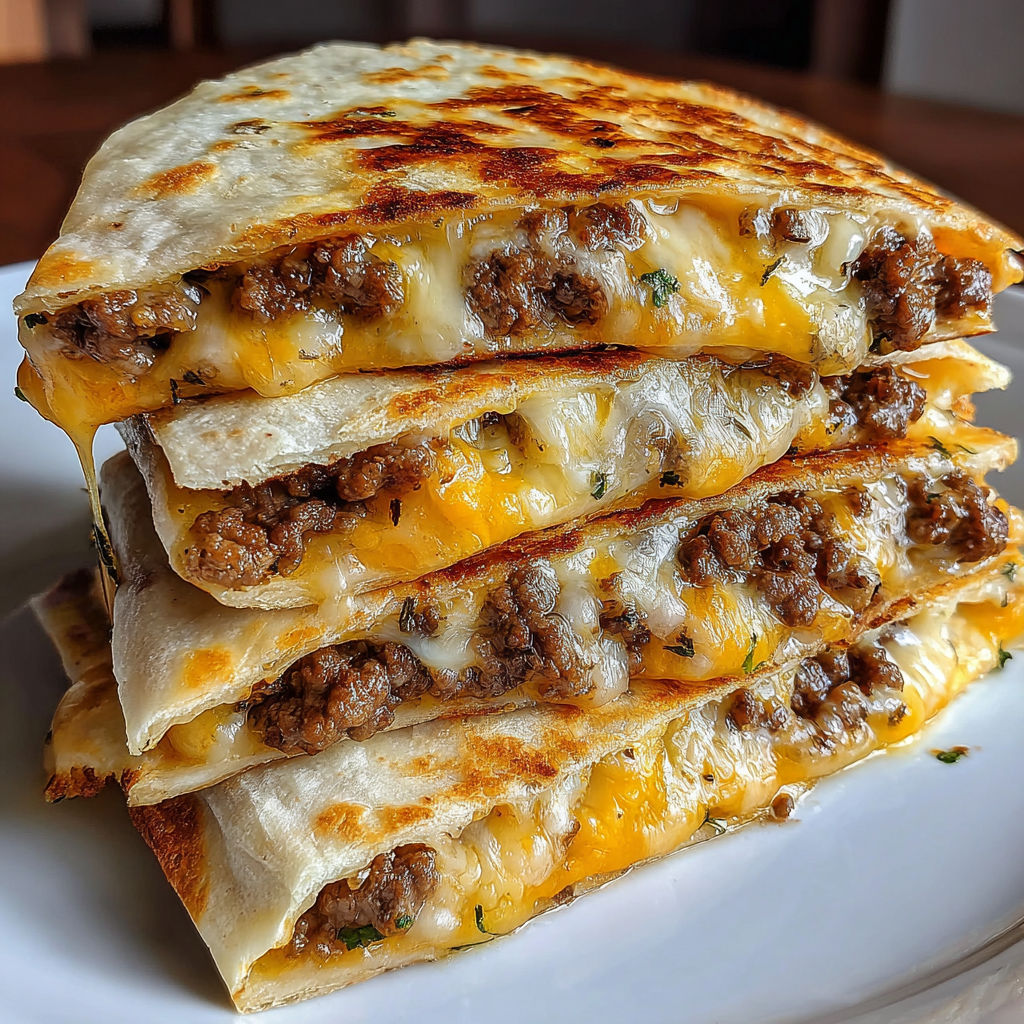 A stack of cheeseburger quesadillas on a plate.