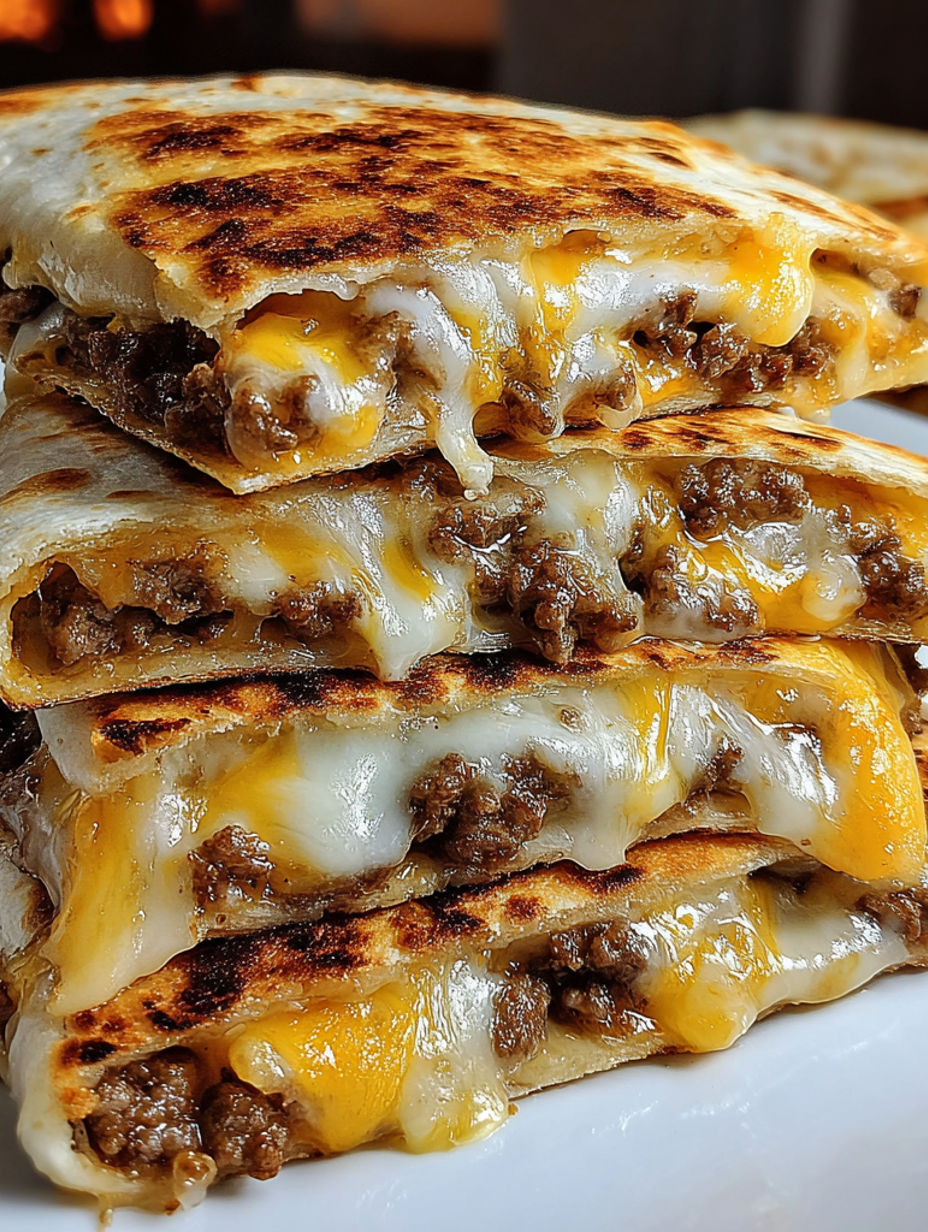 A stack of cheese and meat filled burritos.