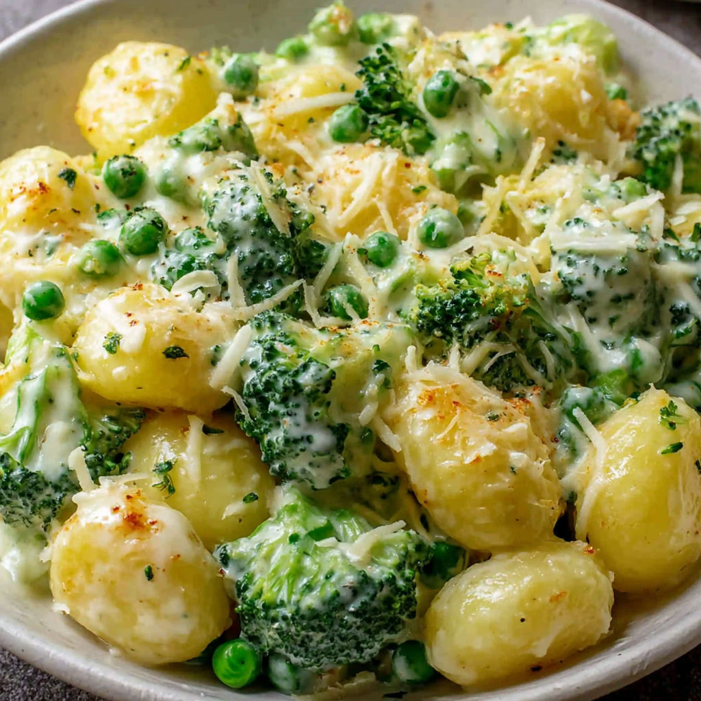A bowl of food with potatoes and broccoli.
