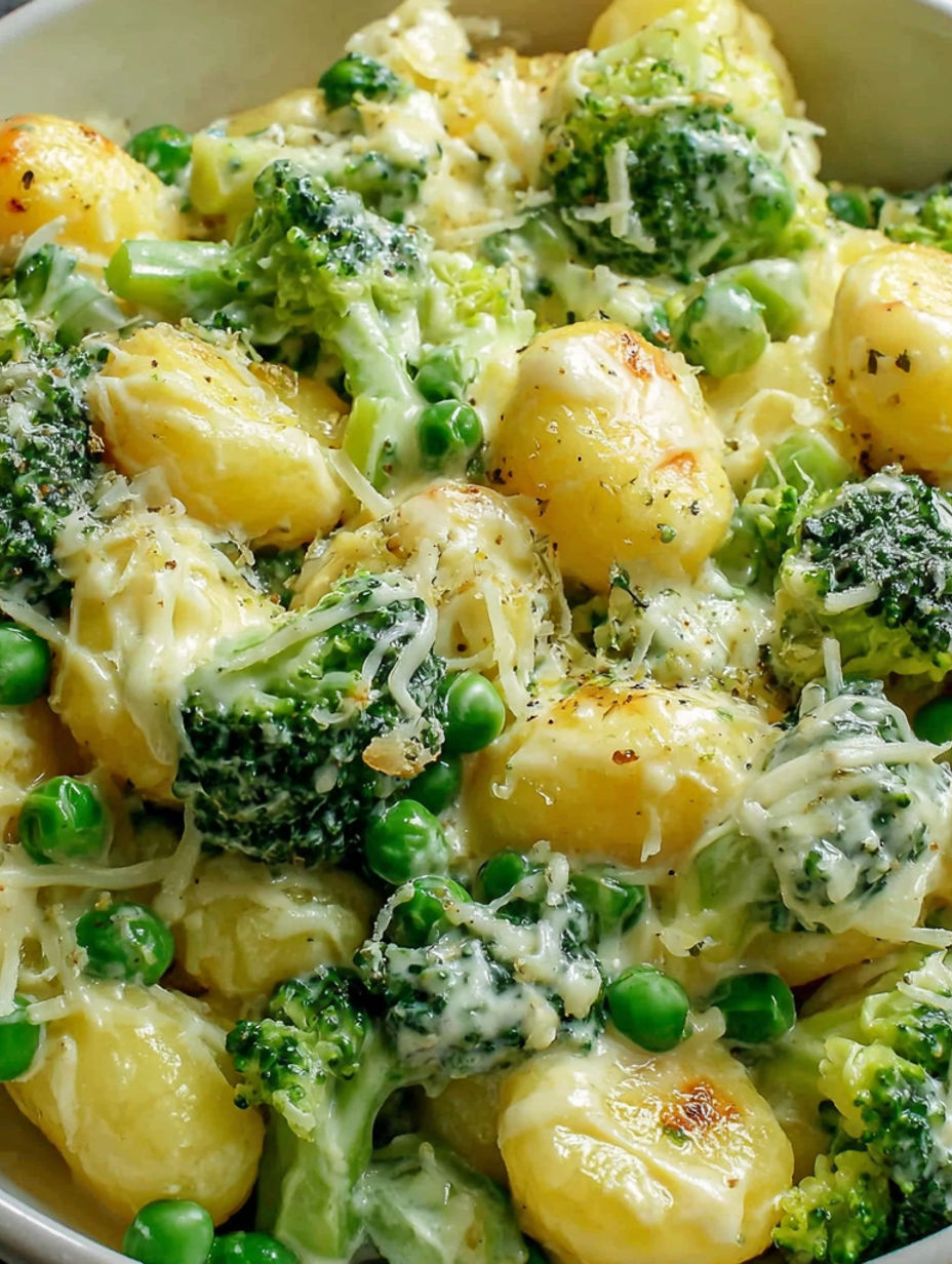 A dish of food with potatoes and broccoli.