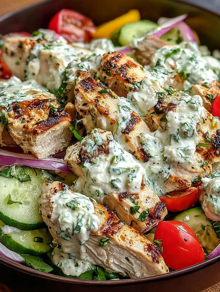 A plate of chicken with a white sauce on it.