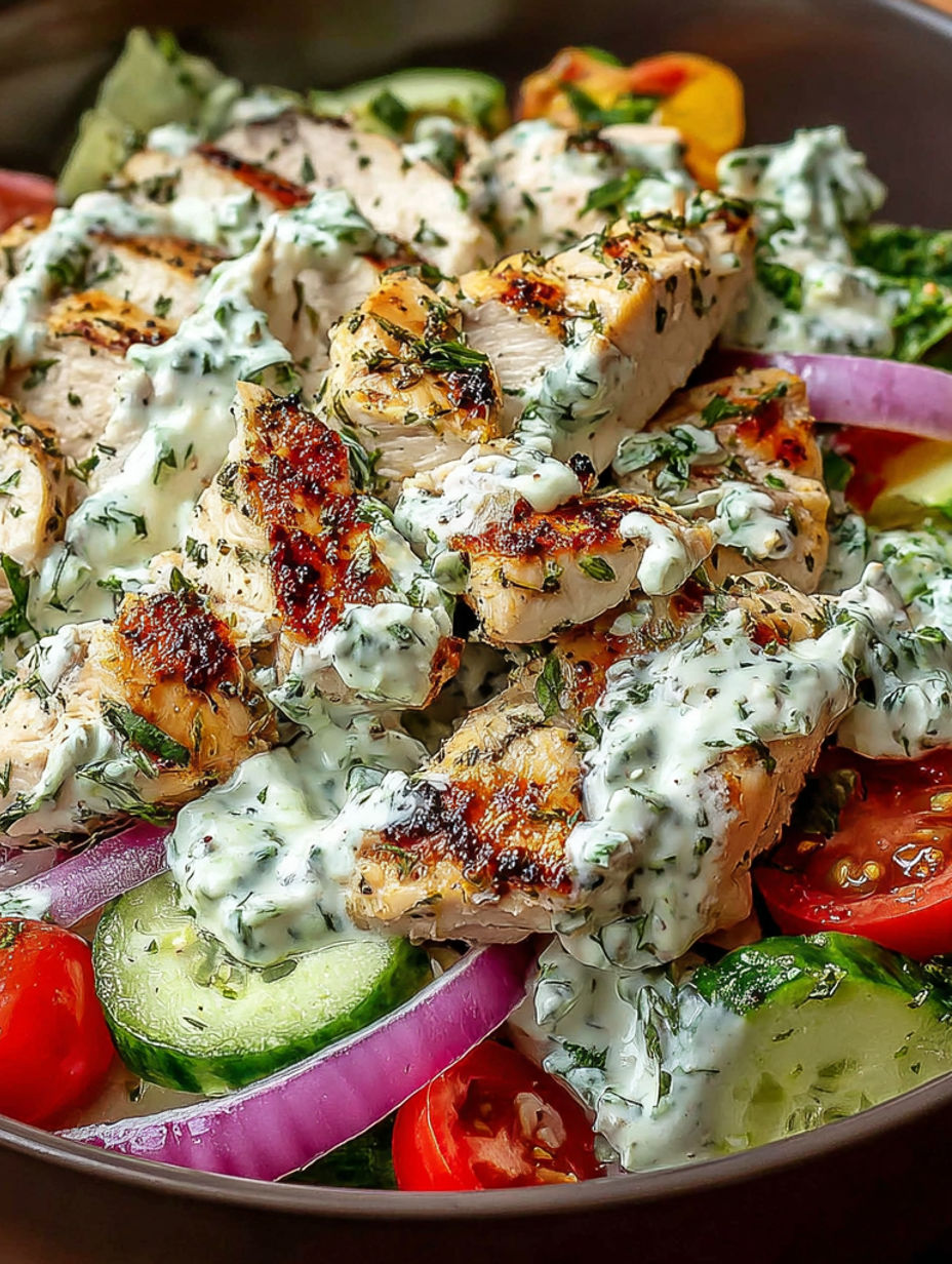 A plate of chicken with a white sauce.
