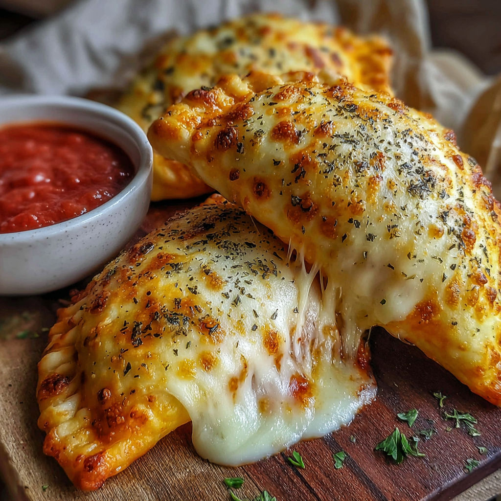 Two homemade cheesy pizza pockets on a wooden cutting board.