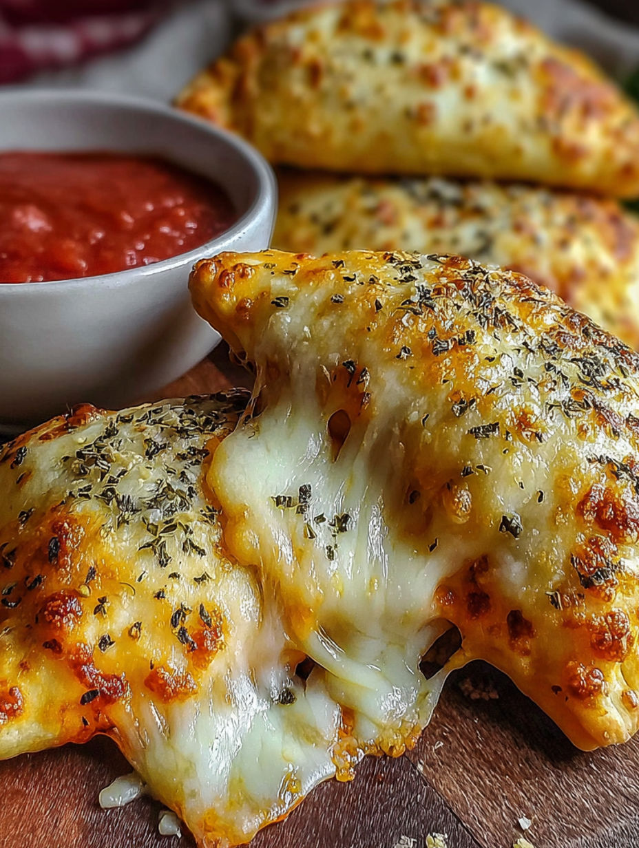 A bowl of sauce sits next to a cheesy pocket.