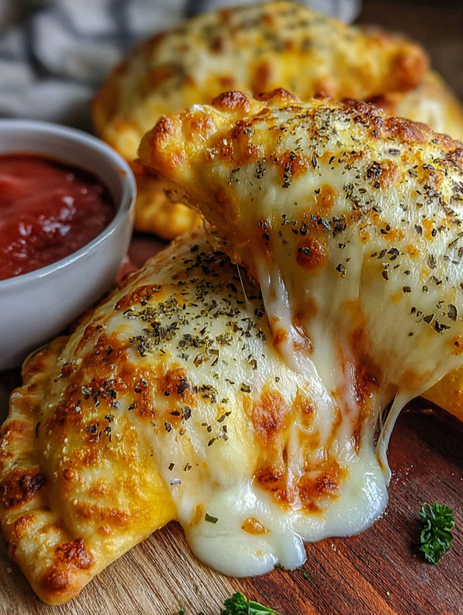 A close up of a cheesy pocket pizza.