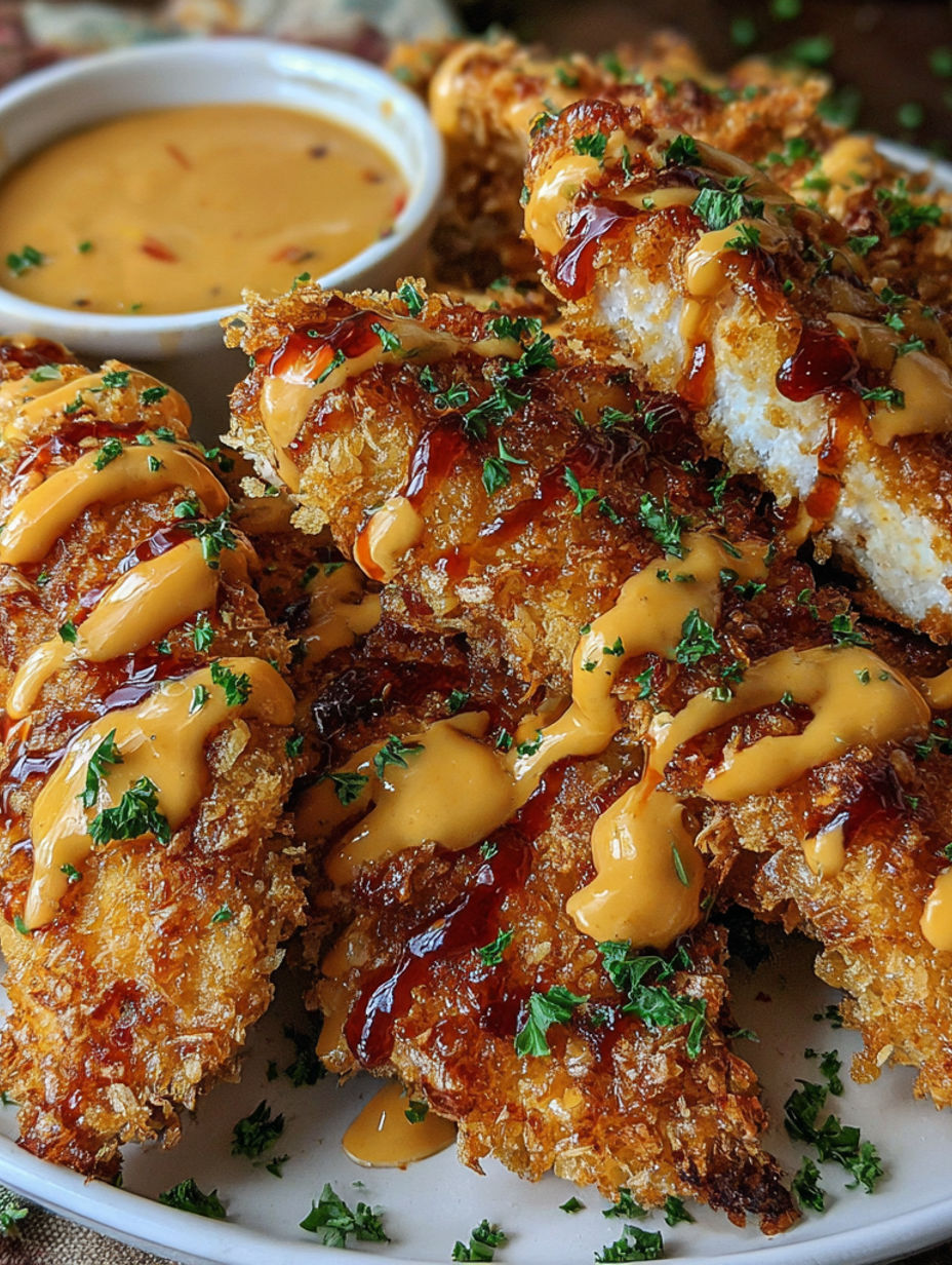 A plate of bang bang chicken with sauce drizzled over it.