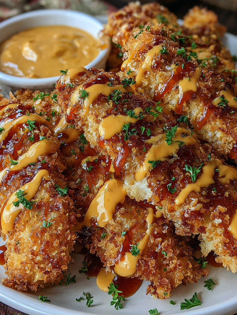 A plate of bang bang chicken with sauce drizzled over it.