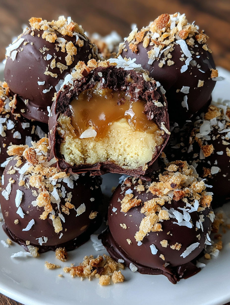 Peanut butter cheesecake balls on a plate.
