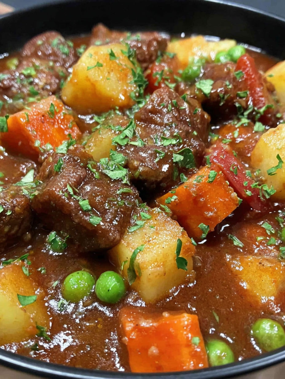 A close up of a crockpot filled with meat and vegetables.