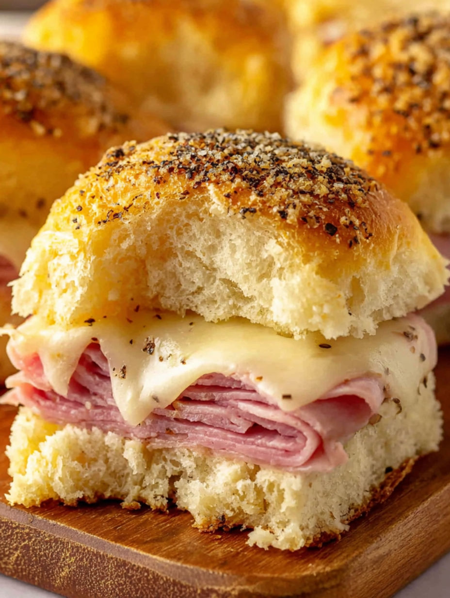 A close up of a ham and cheese sandwich.