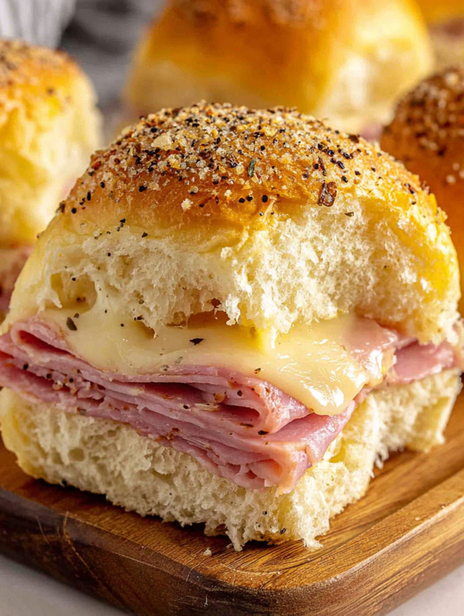 A close up of a ham and cheese sandwich.
