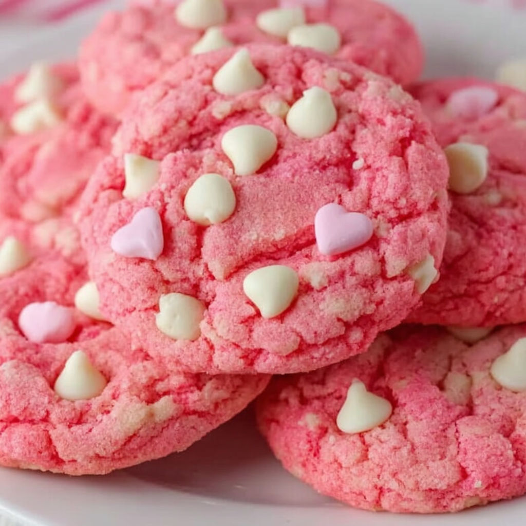 A plate of cookies with white icing and pink frosting.