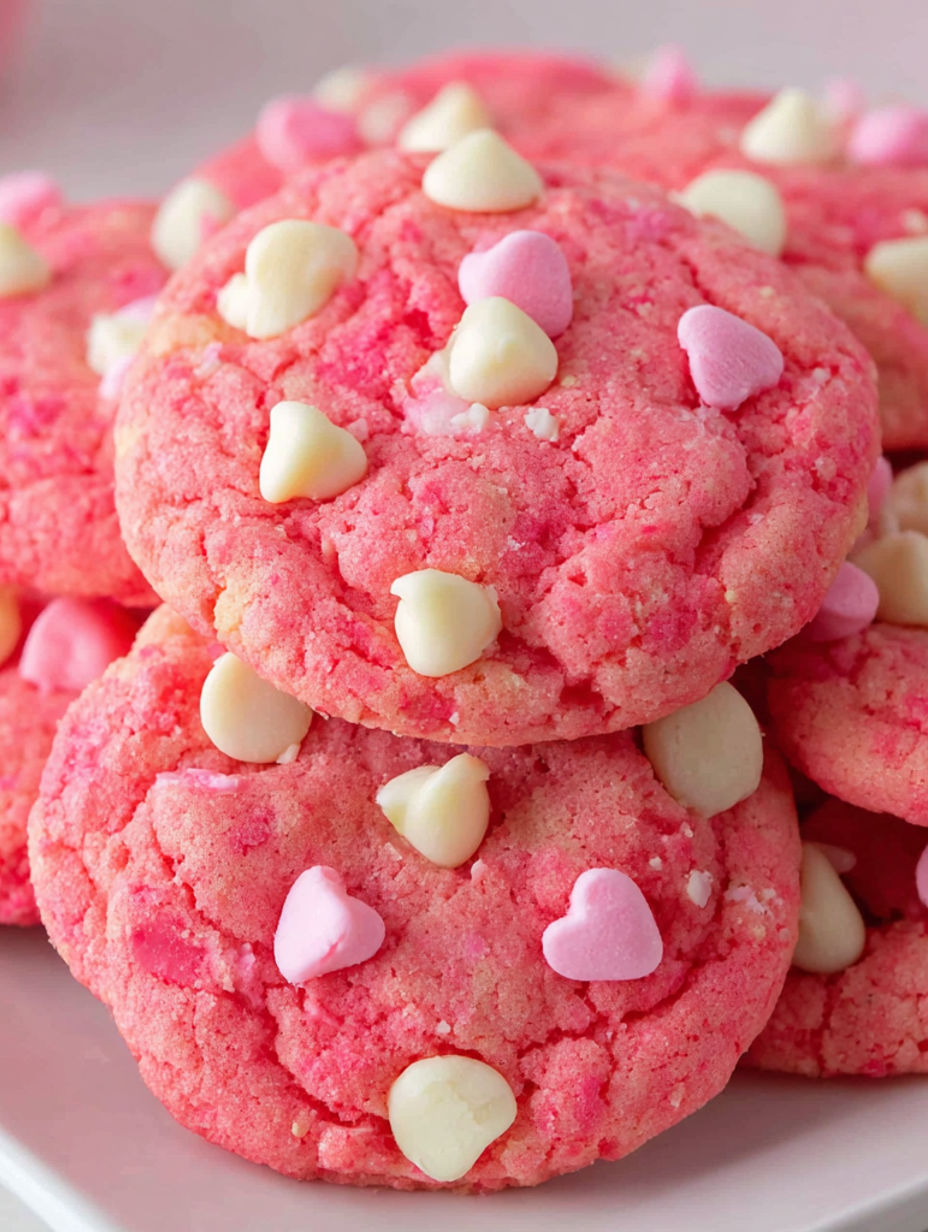 A stack of cookies with white icing and pink frosting.