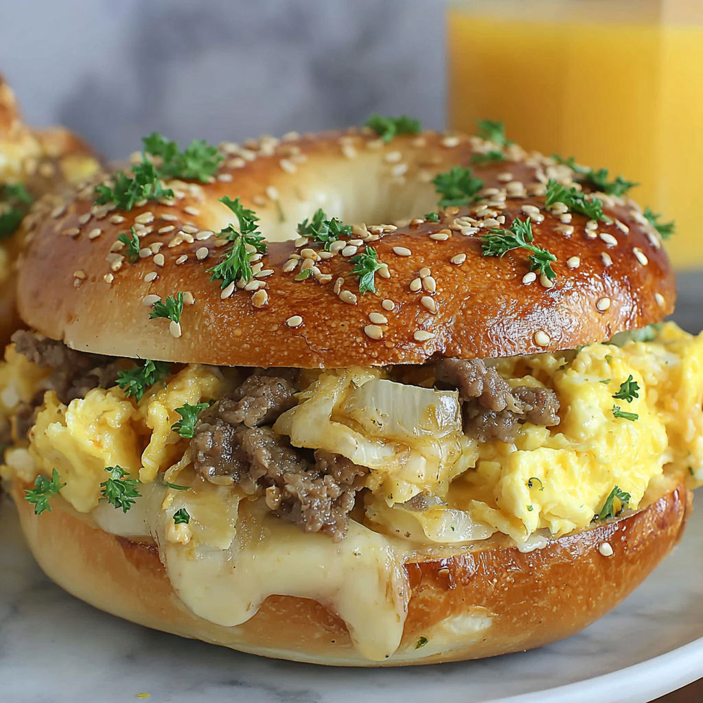 A sandwich with eggs, meat, and cheese.
