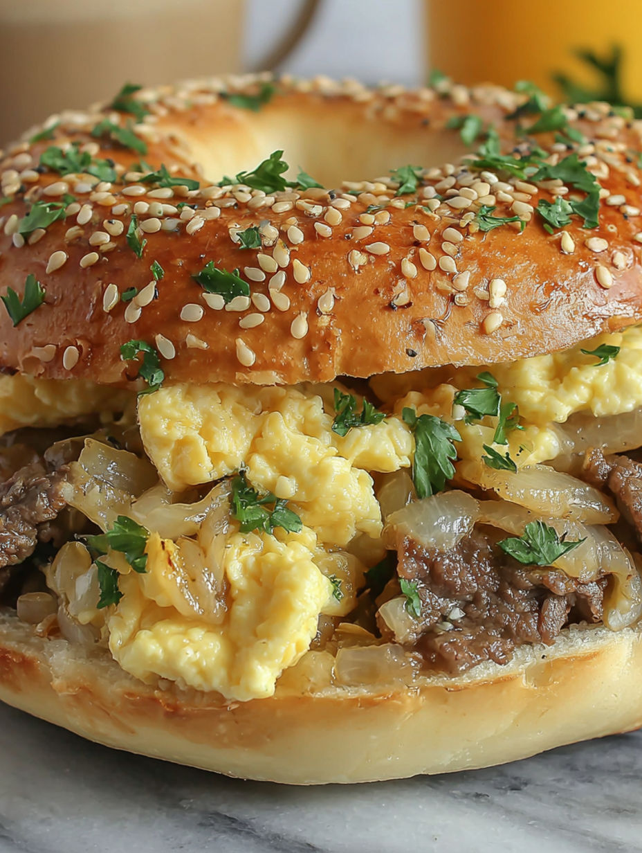 A close up of a sandwich with eggs, onions, and cheese.