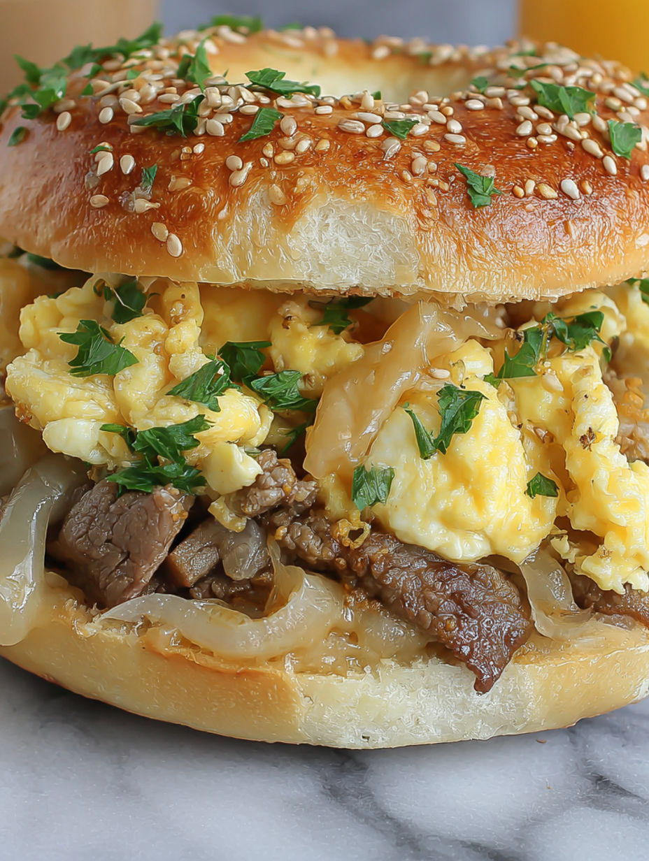 A close up of a sandwich with meat, eggs, and cheese.