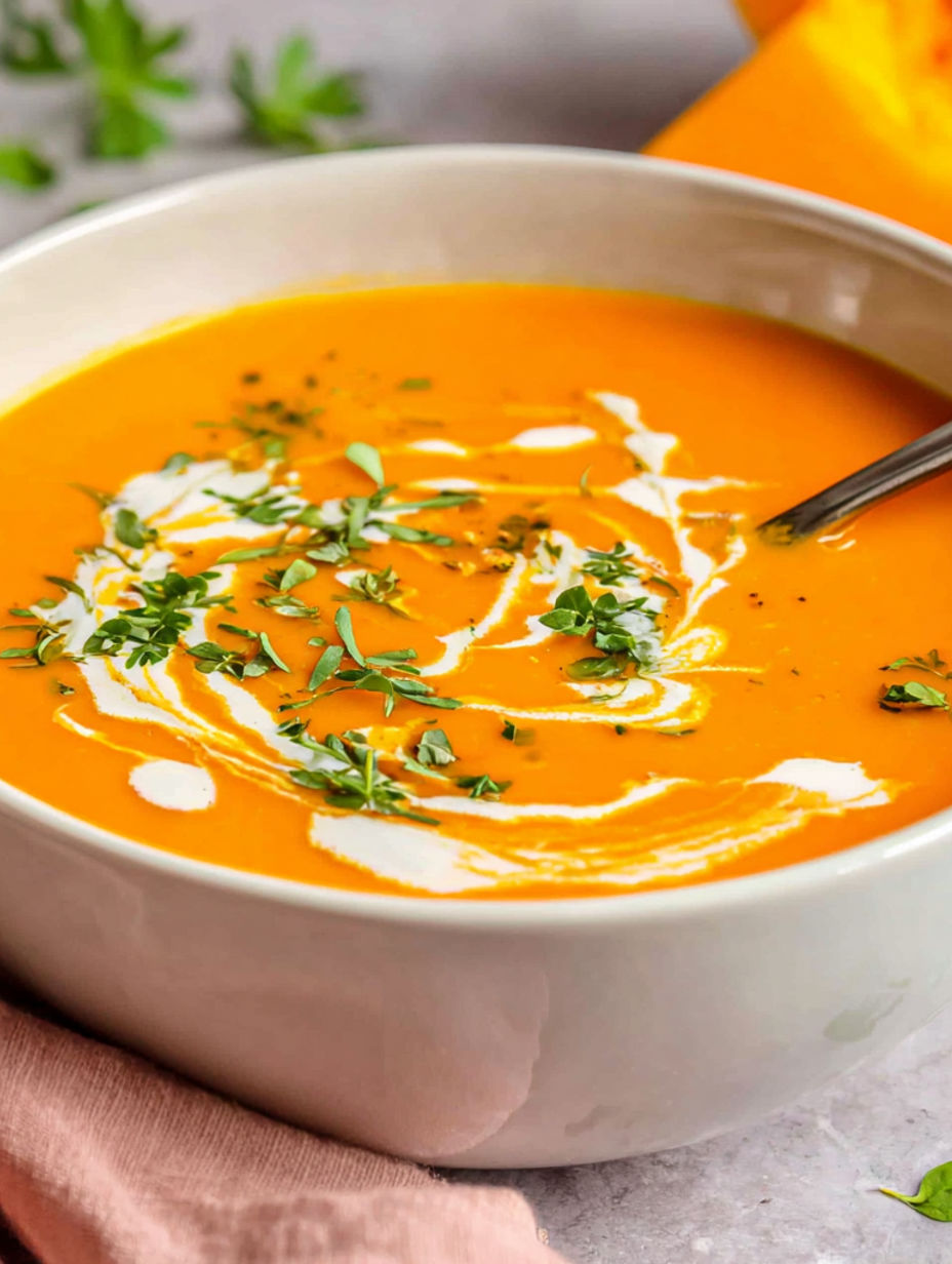 A bowl of creamy soup with a spoon in it.