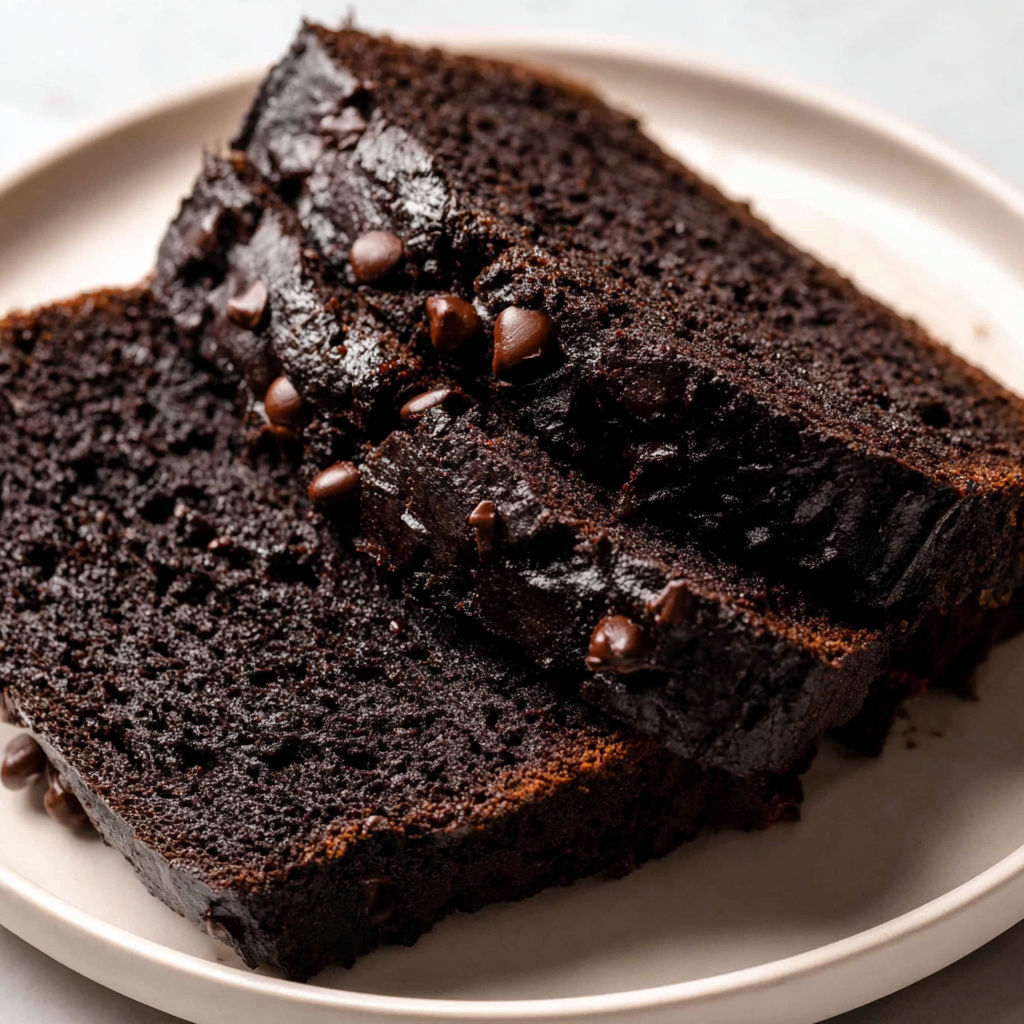 A slice of chocolate cake with chocolate chips on a plate.